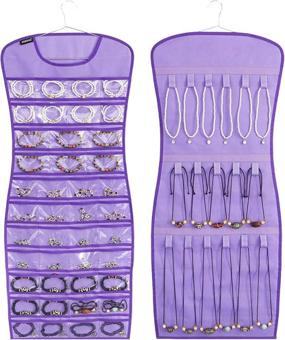Dual sided Jewelry Hanging Organizer Closet Necklace Holder for Earrings Bracelets Rings with 42 Clear Pockets and 17 Hook Loops (Purple