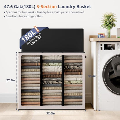 SOLEDI 180L 3-Section Laundry Hamper with Lid, Extra Large Dirty Clothes Basket with Sturdy Handles for Laundry Room & Bedroom - Durable Organizer for Sorting Laundry
