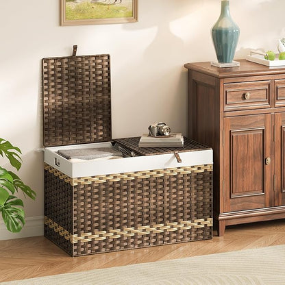 HOOBRO Storage Basket with Lid, 42.3 Gallon (160L) Wicker Storage Basket with 2 Separate Lid, Blanket Storage Bin with 2 Removable Liner Bags, for Bedroom, Laundry, Brown and Natural BR276CW01