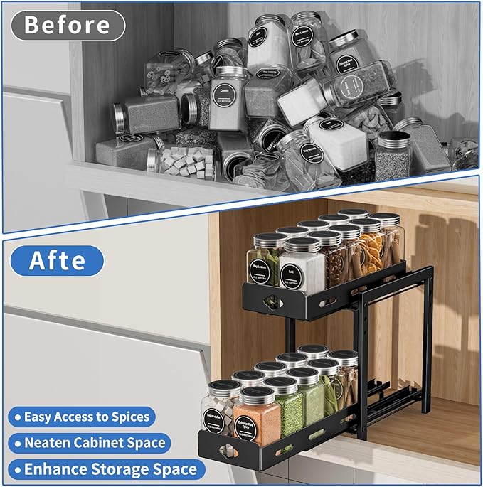 BOIVSHI Pull Out Spice Rack Organizer, 2-Tier Vertical Spice Rack, Height Adjustable for Kitchen Cabinet (5.3''Wx10.8''Dx9.2''H, Metal Black)