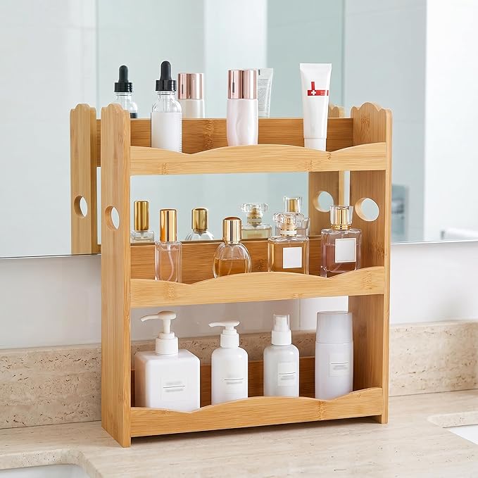Jucoan 3-Tier Bamboo Spice Rack for Countertop, Wall Mounted Spice Holder Rack Seasoning Bottles Jar Organizer Shelf, Bathroom Organizer Rack, Spice Rack Only, Jars No Included, No Assembly Required