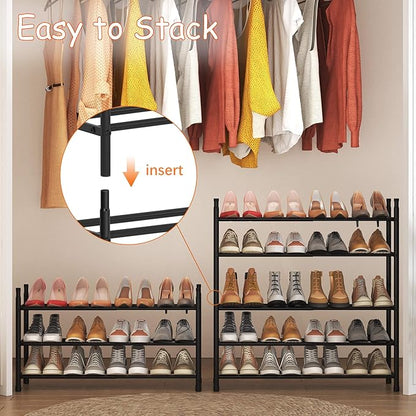 TZAMLI 3-Tier Expandable Metal Shoe Rack for Closet, Stackable Shoe Organizer Adjustable Shoe Storage Small Shoe Shelf for Entryway Entrance, 17.2"-30" x 9" x 16.4" Inch Black