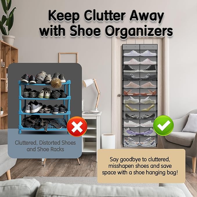 Kotkn Over The Door Shoe Organizer with 12 Large Breathable Pockets - Durable Hanging Storage for the Entire Family's Shoes (Gray)