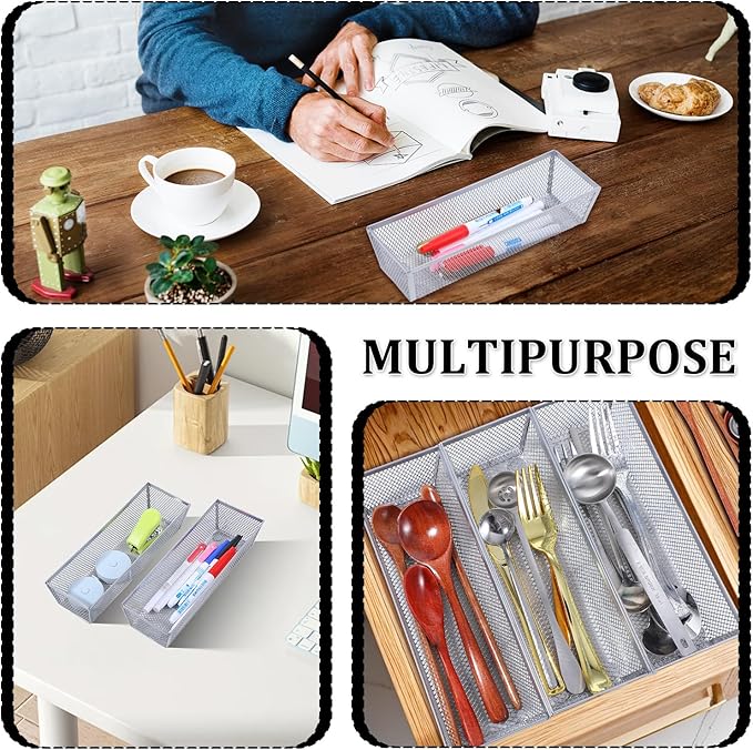 6 PCS Mesh Flatware Organizer, Silver Mesh Drawer Organizer for Kitchen, Metal Utensil Organizers for Flatware, Knives, Spoons,Cosmetic for Kitchen Utensil Tray (Silver, 9 x 3 x 2 inch)