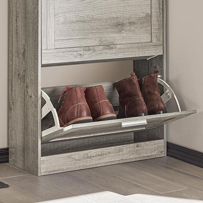 SoBuy Shoe Storage Cabinet Entryway, Slim Shoe Rack Freestanding, Narrow Shoe Organizer 2 Flip-Drawers Shoe Cupboard for Mudroom Front Door Entrance Hallway Bedroom, FSR137-HG (Grey)