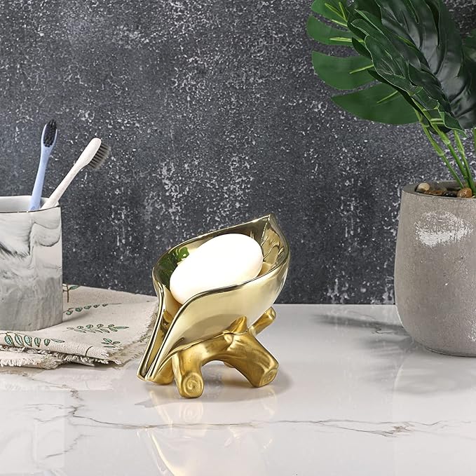 JUXYES Ceramic Soap Dish Holder Self Draining, Unique Waterfall Soap Dish Leaf Shape Decorative Soap Dish Tray Tabletop Drainable Soap Saver Bathtub Waterfall Soap Dish Holder for Bathroom Shower