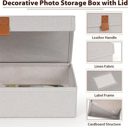 Flenpptly Decorative Photo Storage Box, Photo Boxes Storage with Lids Keepsake Box to Store Pictures, Envelope, Scrapbook Supplies Comes with Business Card Frame to Mark (Small)