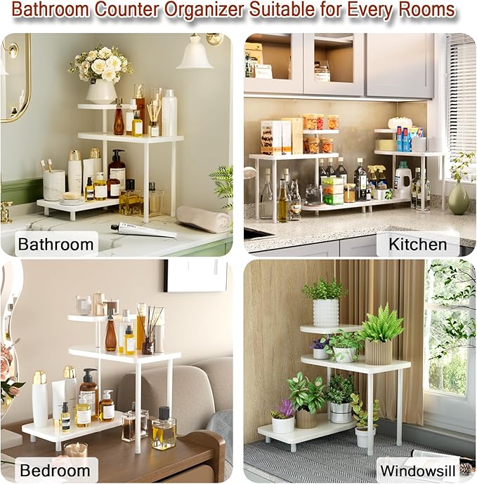 REFGY 3-Tier Corner Bathroom Counter Organizer, Adjustable Multi-Layer Vanity Storage Shelf with Natural Wood-Texture, Versatile Makeup & Perfume Holder for Kitchen, Bedroom & Home Office, White