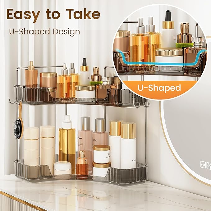 Corner Counter Organizer, 2-Tier Bathroom & Kitchen Storage Tray with Hooks | Clear Vanity Organizer for Skincare, Makeup & Jewelry
