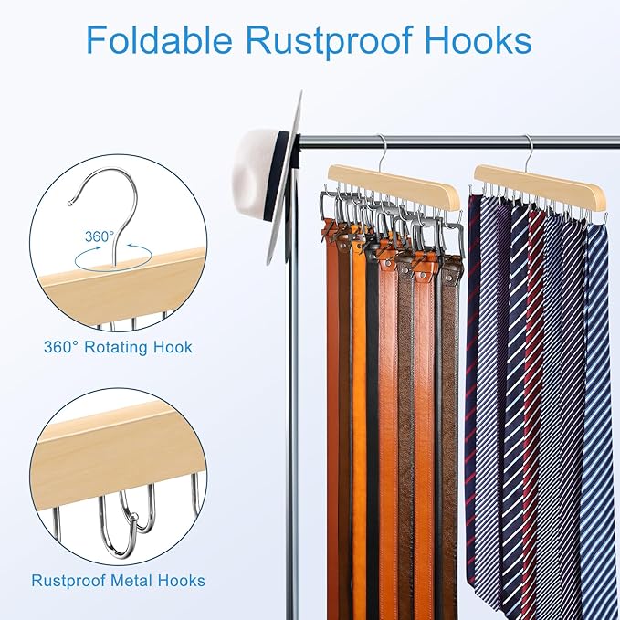 Belt Hanger for Closet Max 42 Belts, Sturdy Wood Belts Rack Closet Accessories with 14 Hooks Belt Organizer for Men Organizers and Storage -Wood 1 Pack