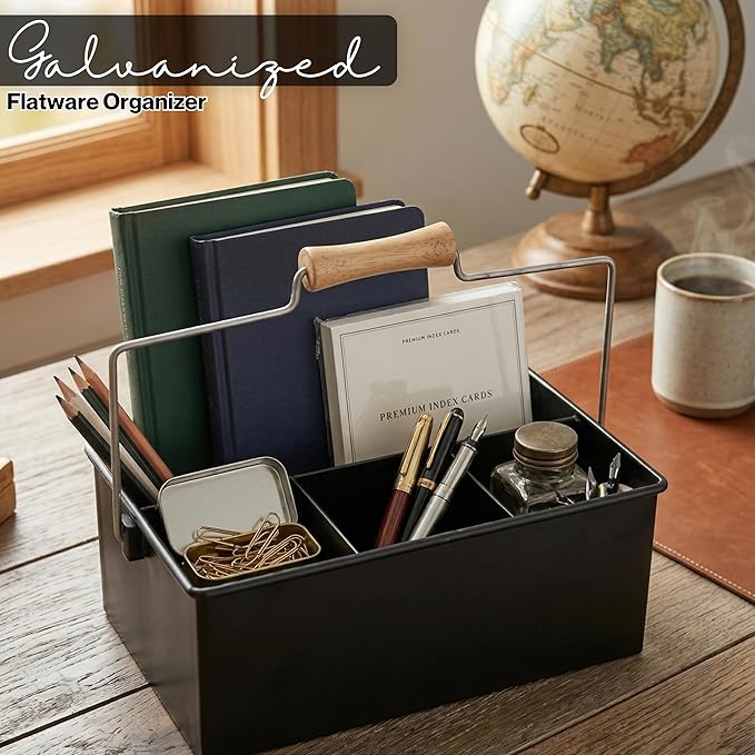 Alpha Living Home Heavy Duty Metal Alloy Utensil Silverware Caddy - 4 Compartment Flatware Organizer with Handle - Farmhouse Rustic Kitchen Storage for Countertop, Tabletop, Picnics & Parties (Black)