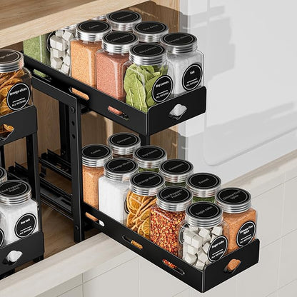 BOIVSHI Pull Out Spice Rack Organizer, 2-Tier Vertical Spice Rack, Height Adjustable for Kitchen Cabinet (5.3''Wx10.8''Dx9.2''H, Metal Black)