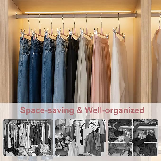 POZEAN Pants Hangers with Clips for Women 30 Pack, 12Inch Adjustable Heavy Duty Skirt Hangers, Space Saving Non-Slip Shorts Jeans Trousers Clothes Hangers, Pink