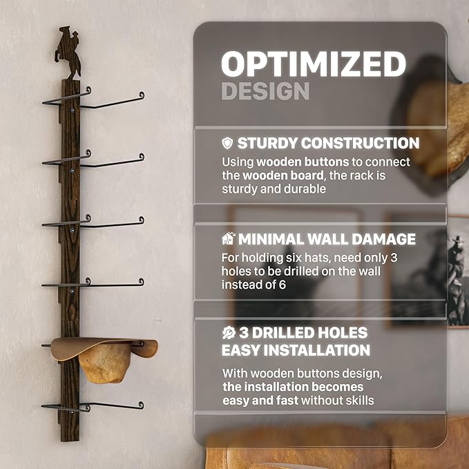 P-ALADIN Cowboy Hat Holder with Horse Decor, Cowboy Hat Rack for Wall, 6-Piece Wall-Mount Western Hat Organizer with Wooden Board – Storage Hat Holder Organizer