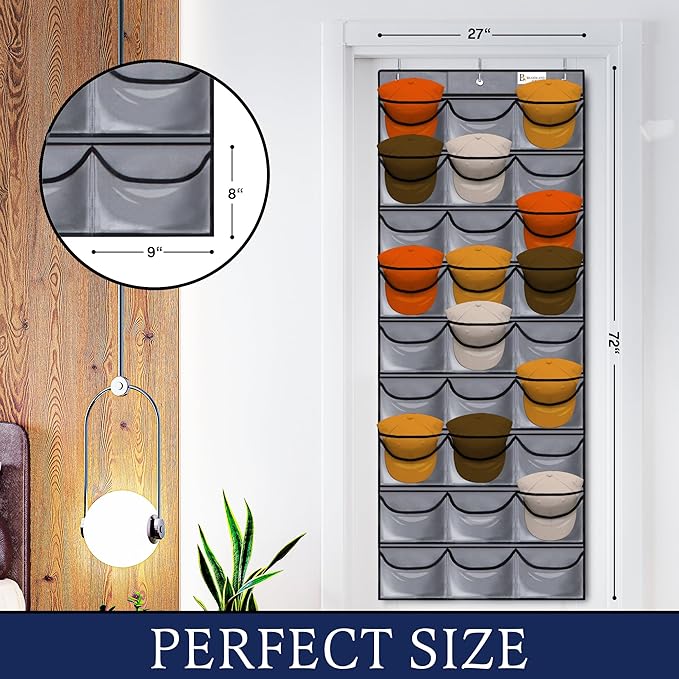 Brandland Hat Organizer for Baseball Caps – 27 Clear Pockets Over-the-Door Rack – Space-Saving Cap Holder Organizer for Hats, Visors, and Accessories – Gray
