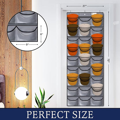 Brandland Hat Organizer for Baseball Caps – 27 Clear Pockets Over-the-Door Rack – Space-Saving Cap Holder Organizer for Hats, Visors, and Accessories – Gray