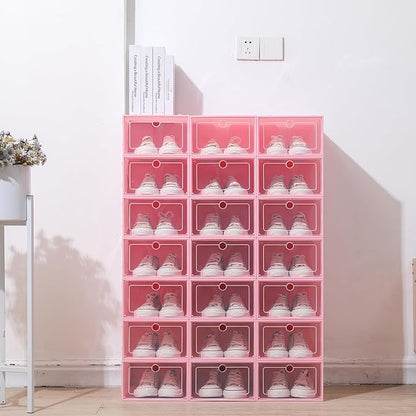 24 Pack Shoe Storage Boxes, Clear Stackable Shoe Organizer for Closet with Flip Lid, Foldable Plastic Shoe Boxes Sneaker Containers for Entryway, Closet, Under Bed (Pink)