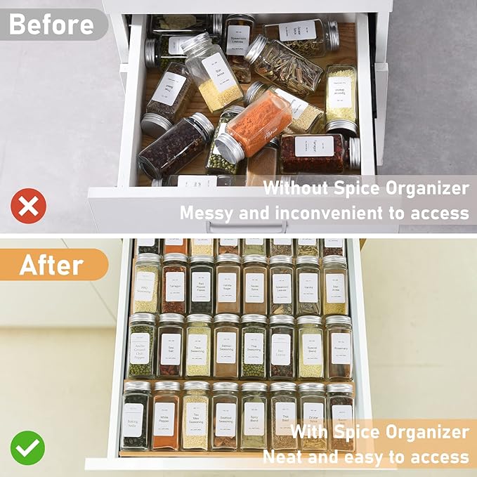 Spice Drawer Organizer with 35 Spice Jars,216 Labels,25 Non-slip Rubber, Bamboo 4 Tier Seasoning Rack Tray Insert for Kitchen Drawers,Cabinets,Countertop,14.6" Wide x 15.8" Deep