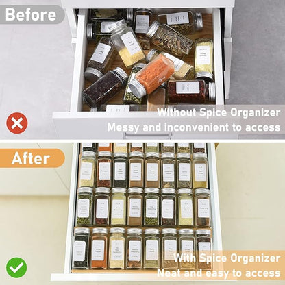 Spice Drawer Organizer with 24 Spice Jars,216 Labels,25 Non-slip Rubber, Bamboo 4 Tier Seasoning Rack Tray Insert for Kitchen Drawers,Cabinets,Countertop,11" Wide x 15.8" Deep