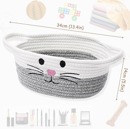Small Woven Baskets for Organizing Rope with Handle Cute Cotton Basket for Nursery Gift Dog Cat Toy Storage Basket for Toy Organizer-Gray