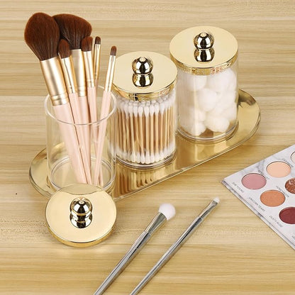 Tbestmax 3 Pack Qtips Holder with Gold Tray, 10oz Cotton Swab Ball Holder for Bathroom Essentials Accessories Decor Clear Plastic Canister Apothecary Jars