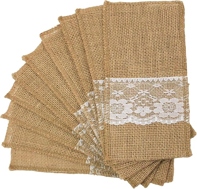 TM 100 Pack Natural Burlap Cutlery Holder Pouch Bag 4x8.5 Inch with Lace Silverware Napkin Holders Wedding Party Bridal Shower Table Setting Table Decoration