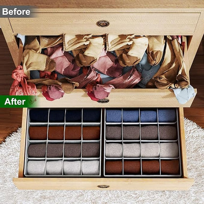 Joyoldelf Sock Drawer Organizer Divider Underwear Organizer 16-cell Fabric Dresser Drawer Organizers Storage Boxes for Socks Lingerie, Handkerchiefs, Ties 4 Pack (Black)