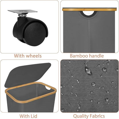 Laundry Basket with Wheels,100L Hampers for Laundry,Large Laundry Hamper with Lid and Bamboo Handles,Collapsible & Waterproof Tall Cloth Hamper for Dormitory Family,Grey