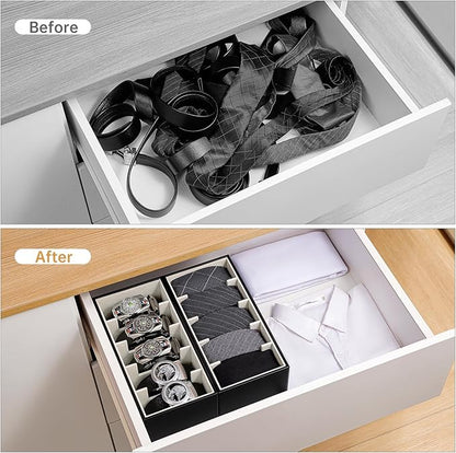 2 Packs Leathers Belt Organizer for Closet and Drawer, Stackable 5 Grids Dresser Drawer Organizers, Belt Tie Holder for Men,Tie Box-Black