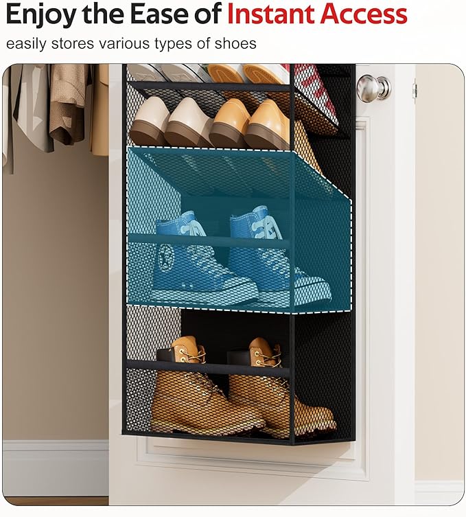 12 Tier Over the Door Shoe Organizer for Closet, Holds 24 Pairs Hanging Shoe Rack for Door with Mesh Pockets, Narrow Shoe Holder Hanger for Sneakers, Boots (Black)