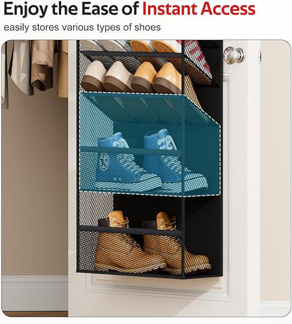 12 Tier Over the Door Shoe Organizer for Closet, Holds 24 Pairs Hanging Shoe Rack for Door with Mesh Pockets, Narrow Shoe Holder Hanger for Sneakers, Boots (Black)