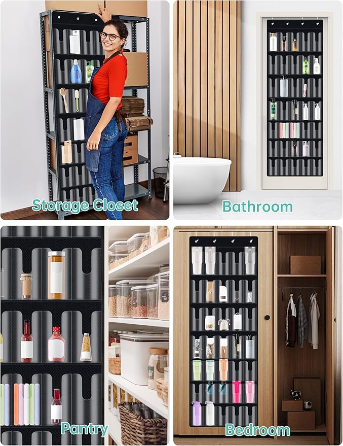 NiHome 35-Pocket Large Capacity Door Cup Organizer Fit for Stanley Tumblers 30oz, 40oz, Door Hanging Water Bottle Storage with Double-Sided Tape Stabilizer, Waterproof Oxford Fabric, Transparent