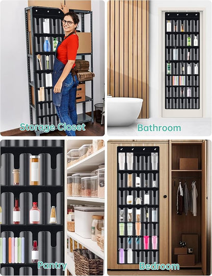 NiHome 35-Pocket Large Capacity Door Cup Organizer Fit for Stanley Tumblers 30oz, 40oz, Door Hanging Water Bottle Storage with Double-Sided Tape Stabilizer, Waterproof Oxford Fabric, Transparent