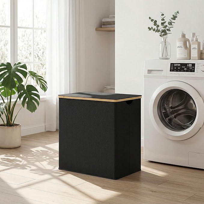 efluky Laundry Hamper with Lid, Double Laundry Basket with 2 Removable Bags, 2 Section Laundry Bin with Bamboo Handles for Bathroom, Bedroom & Laundry Room, 140L (36.9 Gallon) Black