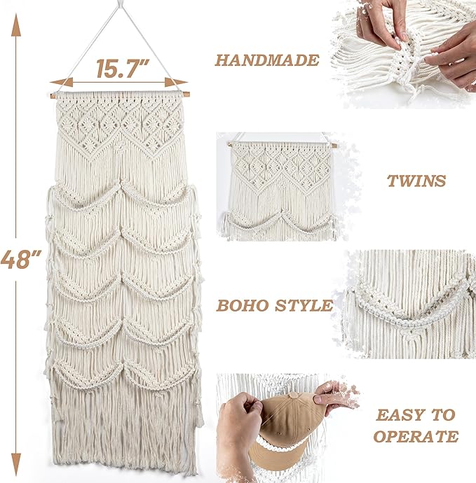 Macrame Hat Hangers for Wall Handmade Boho Baseball Cap Hanger Hand Knitting Cap Organizer Hat Holder for Wall Over Door Ball Hat Rack for Decoration Wardrobe Living Room Bedroom