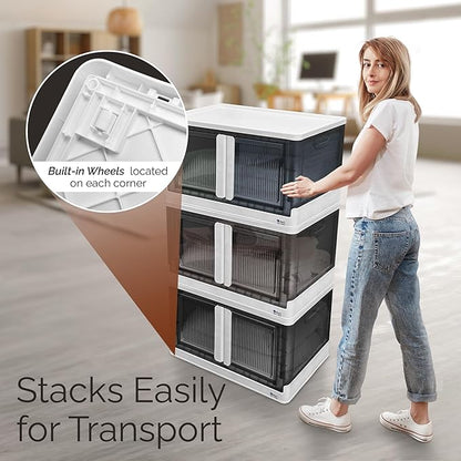 Reli. Storage Bins with Lids and Doors (3 Pack) | 19 Gallon Collapsible Storage Bins with Lids | Collapsible Stackable Plastic Cabinet with Built-in Wheels | Heavy Duty Closet Organizers