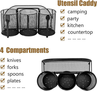 DysanVica Utensil Caddy Silverware Holder - 4 Compartment Metal Mesh Cutlery Fork Spoon Napkin Plate Organizer Flatware Storage Basket Party Kitchen Countertop Buffet Picnic Camping Outdoor BBQ Black