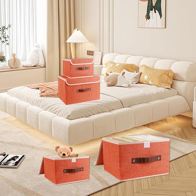 Large Storage Bin with Lid Storage Boxes,Collapsible Linen Storage Basket Container with Lid Storage Cube for Organizing Closets(Orange)