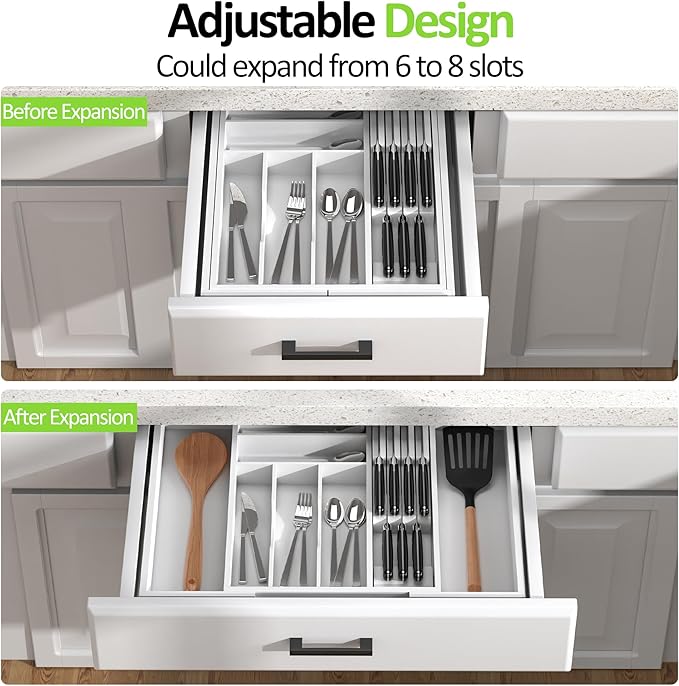 Bamboo Kitchen Drawer Organizer, Expandable Silverware Organizer with Removable Knife Block, 6-8 Slots- Utensil Holder & Cutlery Tray Drawer Dividers, 2.36" Deep for Extra Capacity, White