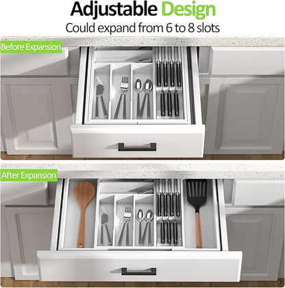 Bamboo Kitchen Drawer Organizer, Expandable Silverware Organizer with Removable Knife Block, 6-8 Slots- Utensil Holder & Cutlery Tray Drawer Dividers, 2.36" Deep for Extra Capacity, White