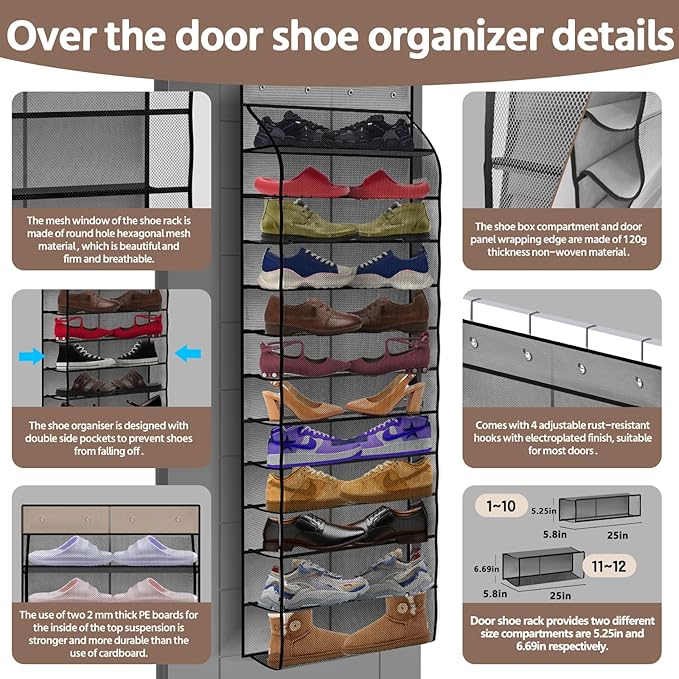 PAULONE 12 Pocket Over the Door Shoe Organizer,Reusable Breathable Large Mesh Bag Men's & Women's Sneaker Organizer,Shoe Organizer for Kids,Hanging Shoe Storage Hanging Bag (Grey)