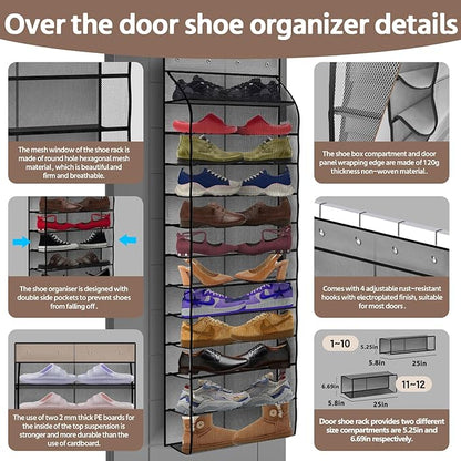 PAULONE 12 Pocket Over the Door Shoe Organizer,Reusable Breathable Large Mesh Bag Men's & Women's Sneaker Organizer,Shoe Organizer for Kids,Hanging Shoe Storage Hanging Bag (Grey)