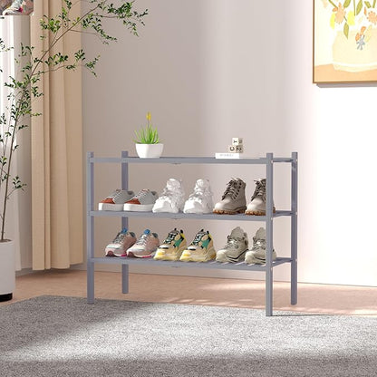 ROMGUAR CRAFT 3 Tier Bamboo Shoe Rack for Closet Free Standing Wood Shoe Shelf Storage Organizer for Entryway Small Space Stackable 27"x11"x20" (Grey)