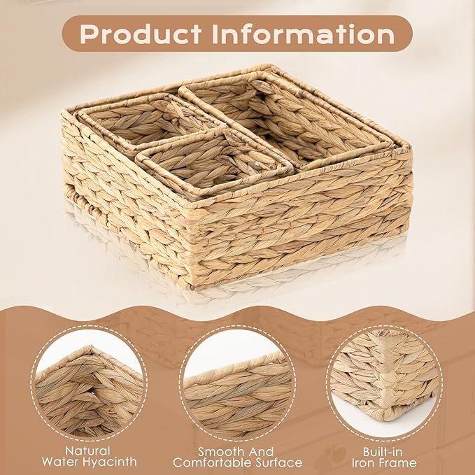 Funnymoom Set of 4-woven Wicker Storage Baskets Storage Bins Natural Water Hyacinth Cube Basket Container Baskets Storage Boxes Organizers Divider for Drawer, Closet, Dresser