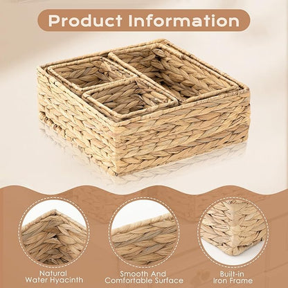 Funnymoom Set of 4-woven Wicker Storage Baskets Storage Bins Natural Water Hyacinth Cube Basket Container Baskets Storage Boxes Organizers Divider for Drawer, Closet, Dresser