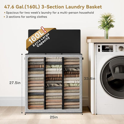 SOLEDI 160L Laundry Hamper 3 Section, Extra Large Laundry Hamper with Lid, Dirty Clothes Hamper with Sturdy Handle, Large Laundry Basket Organizer for Laundry Room, Bedroom, Hampers for Laundry