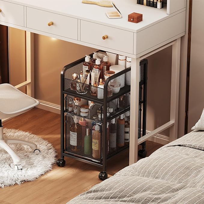 Hongtamoya Rolling Makeup Cart Organizer with 2 Drawers, Narrow Floor Skincare Organizers, Vanity Organizer Cosmetics Display Cases Holder for Skin Care Nail Polish Perfume Makeup Brush, Black