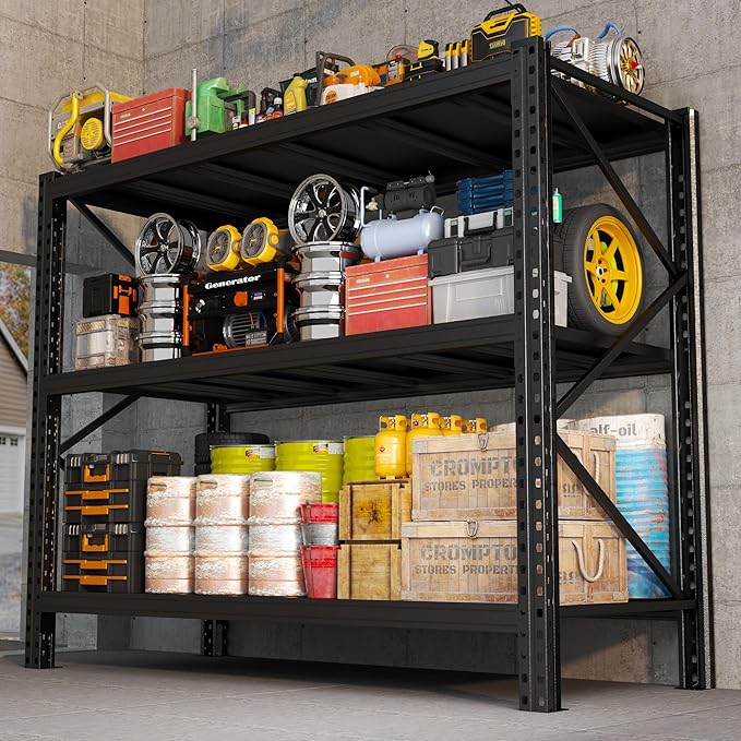 Heavy Duty Metal Garage Shelving Unit, 3-Tier Adjustable Storage Shelves, 3000LBS for Garage & Basement, Kitchen and Pantry Industrial Steel Rack, Ideal for Tool Organization & Storage, Black, 67"W