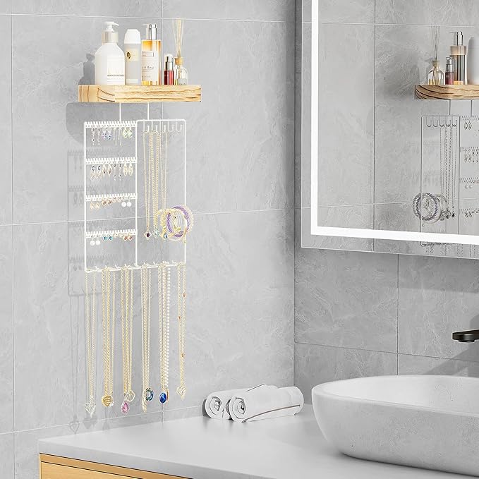 Lolalet Hanging Jewelry Organizer with Wood Shelf, 6-Tier Wall Mount Jewelry Holder with Earrings Holder Bracelets Holder Necklaces Hooks, Jewelry Display Rack for Wall Bathroom -White