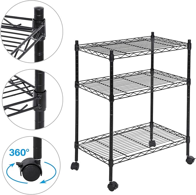SUPER DEAL 3-Shelf Adjustable Heavy Duty Storage Wire Shelving Unit with Wheels, Metal Organizer Wire Rack Microwave Utility Cart, Black (24L x 14W x 31H)